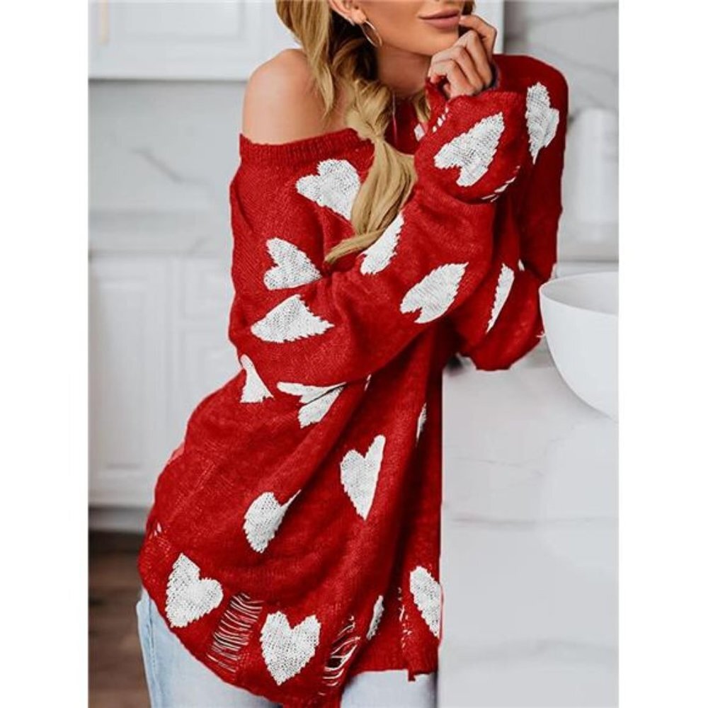 Women's Off Shoulder Pullovers Sweater Loose Hearts Printed Ripped Top, Red - Picture 2 of 5